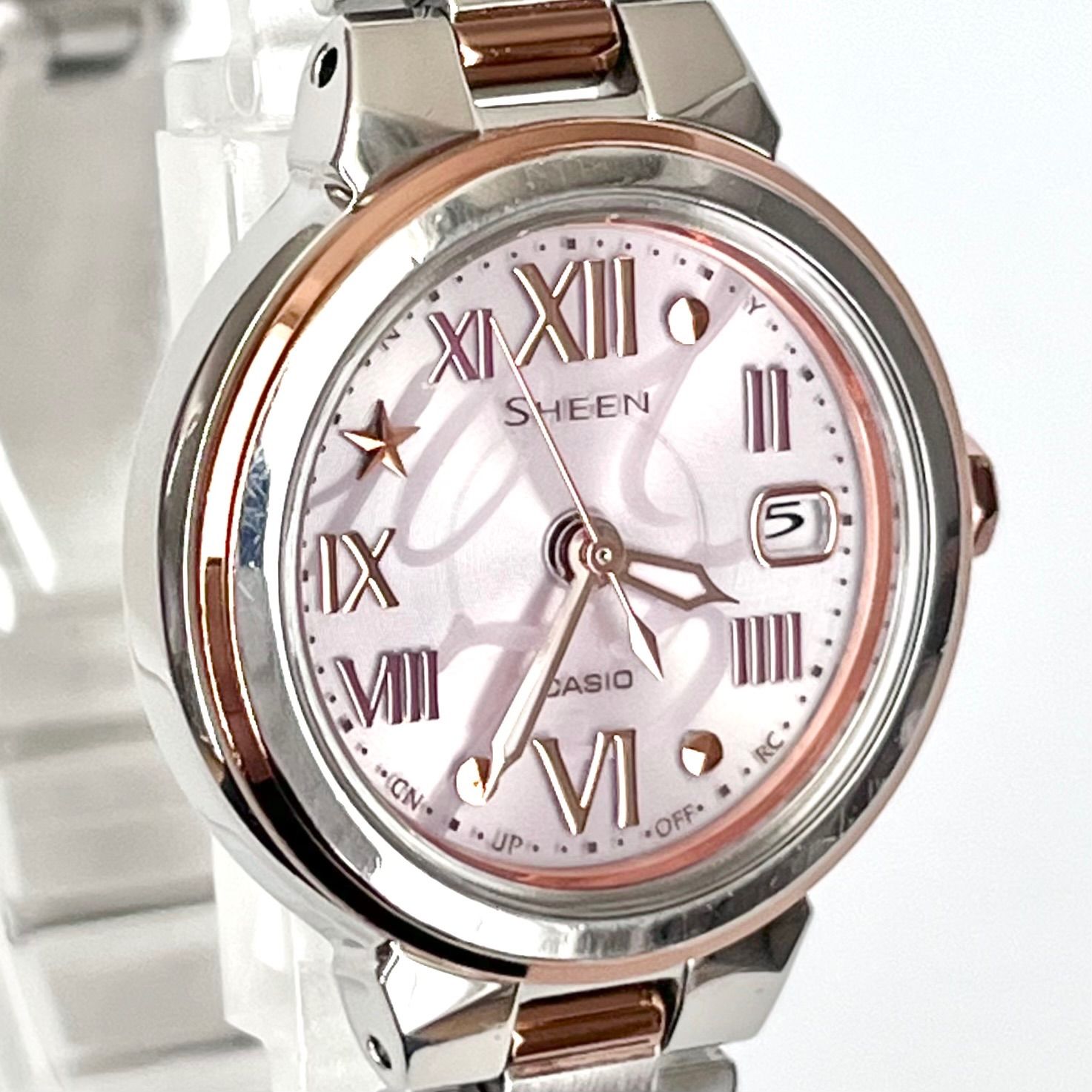  カシオ シーン レディース 腕時計 稼働 電波ソーラー 磨き済み CASIO SHEEN ピンク文字盤 金属ベルト 時計