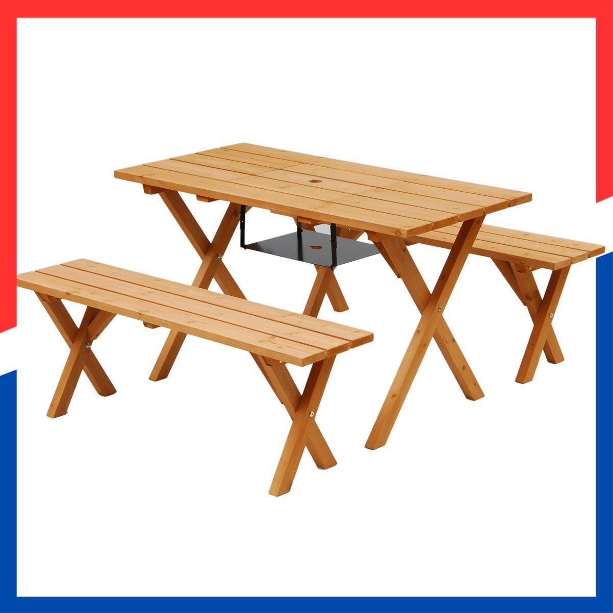 テラス バルコニー ベランダ お庭 コンロ台付 ガーデンマスター パラソルホール付き 天然木杉材 テーブル1点-チェア2点セット PTS-1207 BS 3点セット ガーデンテーブル-ベンチ Gardenmaster