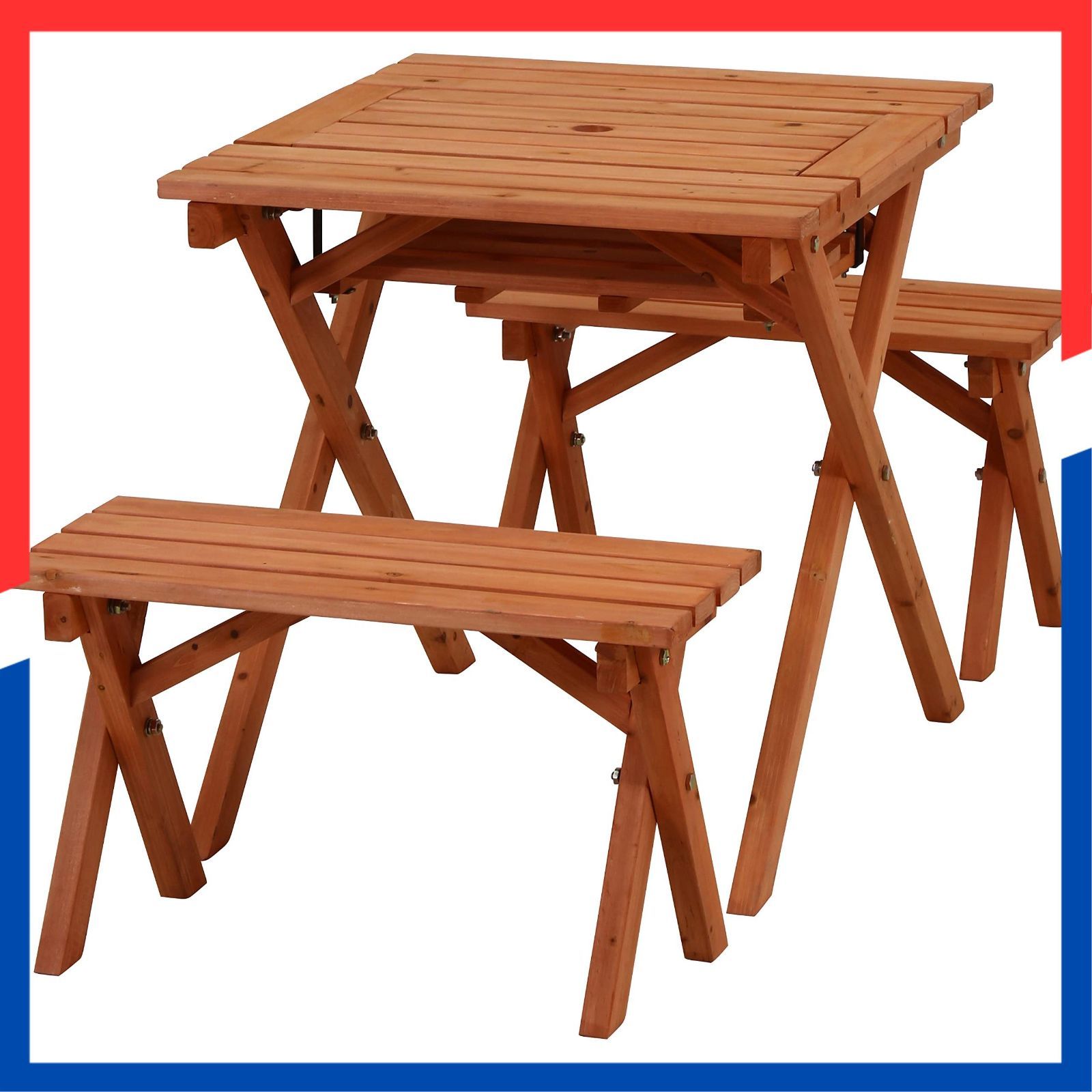 不二貿易 ガーデンテーブルセット BBQテーブル＆ベンチセット 幅62 奥行75 高さ65 cm オレンジ 2人用 コンロスペース付き パラソルホール付き 杉材 16817