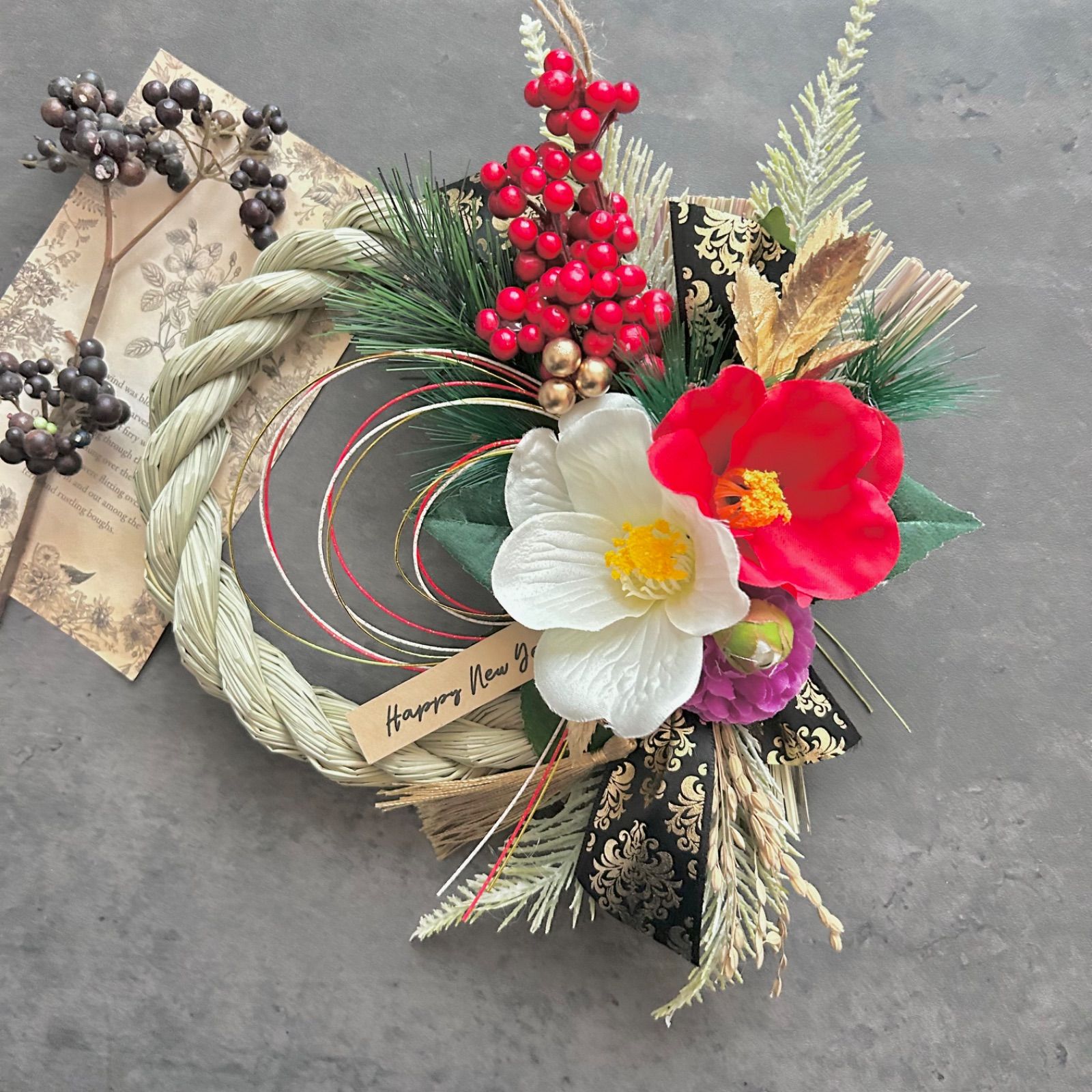 10 い草 紅白椿のしめ縄リース お正月飾り 玄関リース ハンドメイド