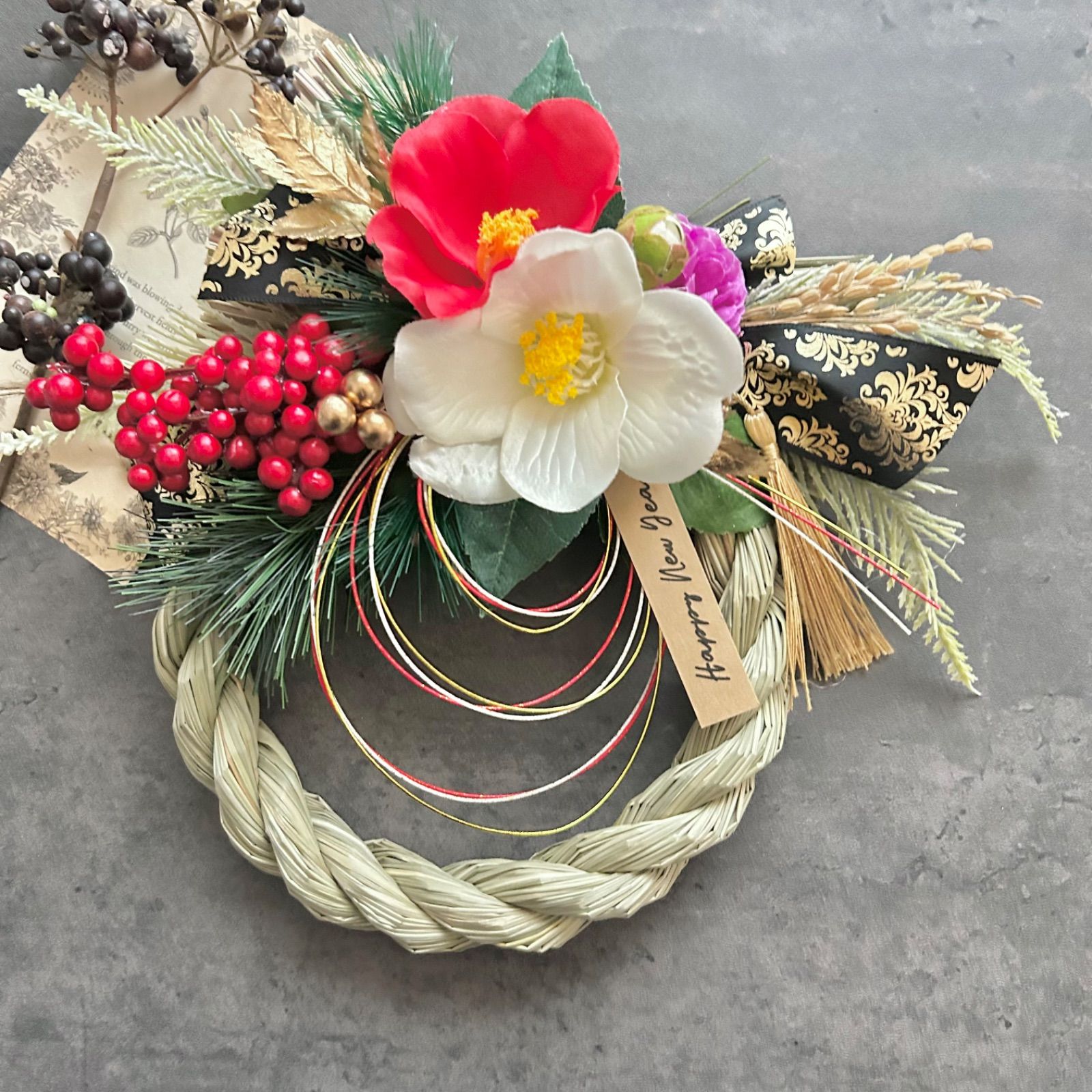 10 い草 紅白椿のしめ縄リース お正月飾り 玄関リース ハンドメイド