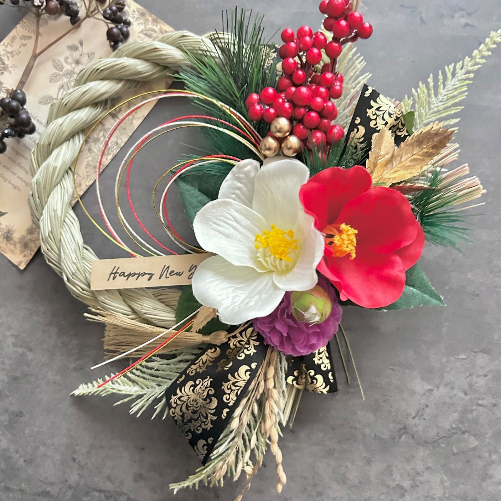 10 い草 紅白椿のしめ縄リース お正月飾り 玄関リース ハンドメイド