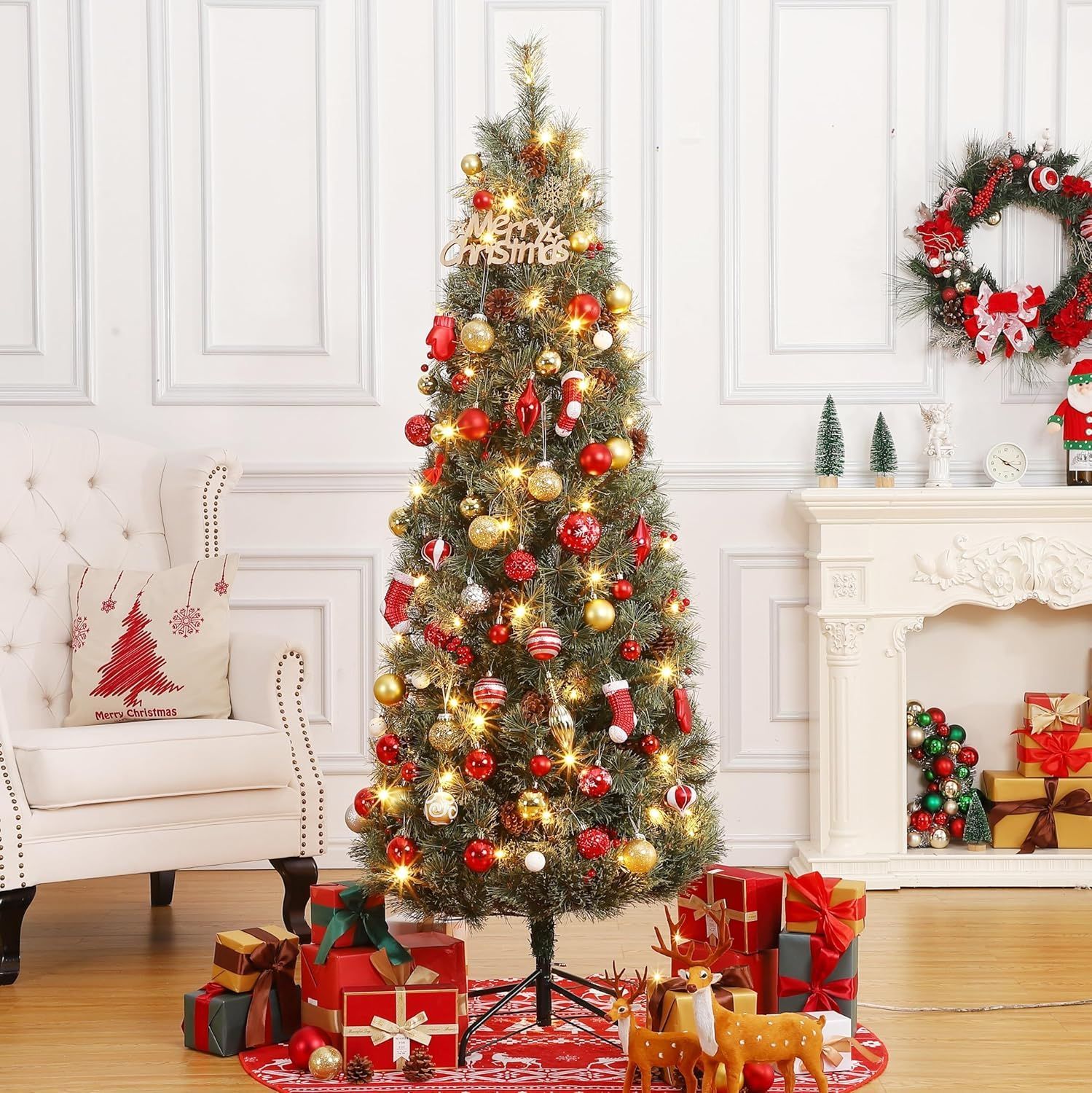 ツリー 180 cm 高濃密度 松ぼっくり＆レッドベリー付き リアルニードツリー スチール脚 組立簡単