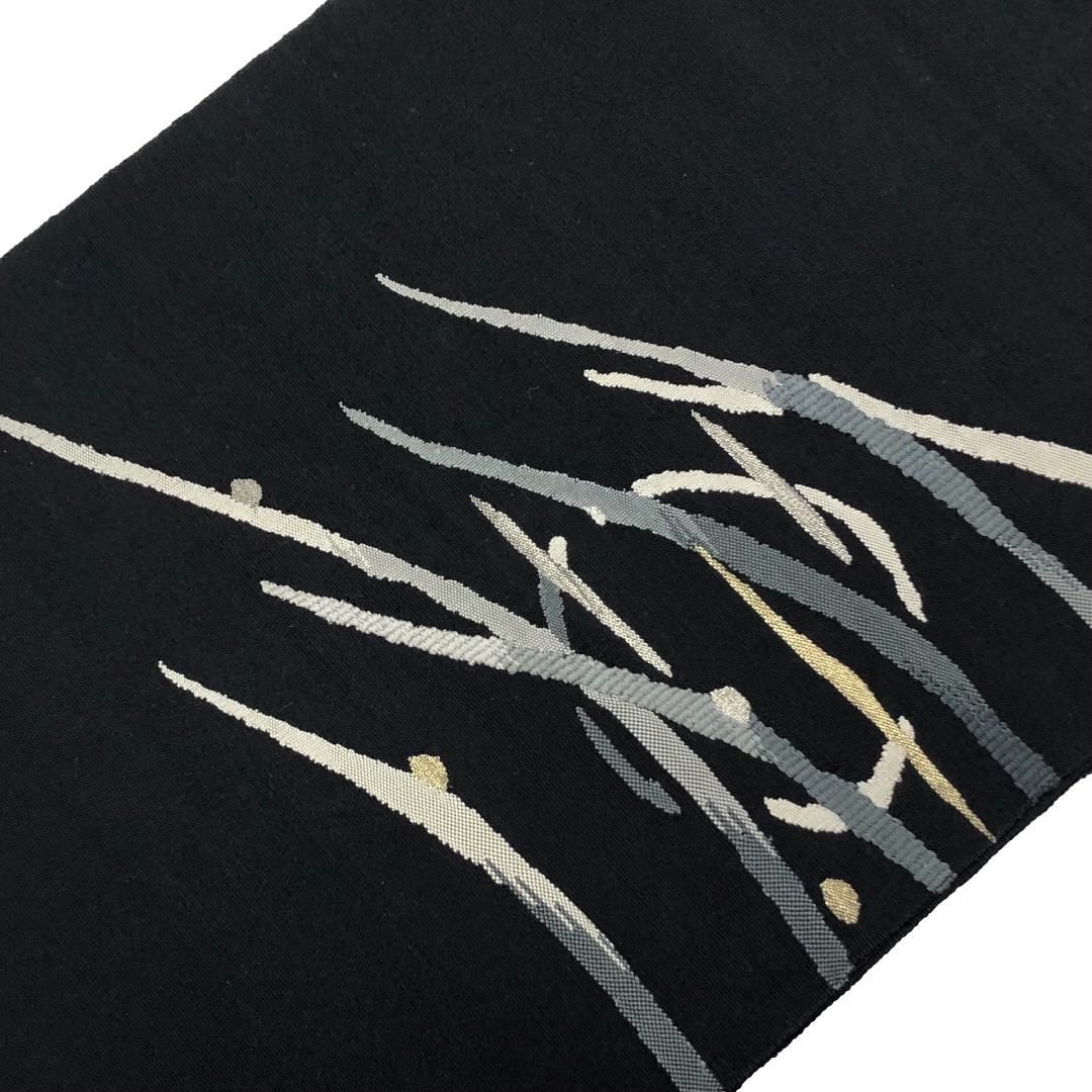 名古屋帯 紬 月に枝は模様 抽象柄 黒色 O-5746