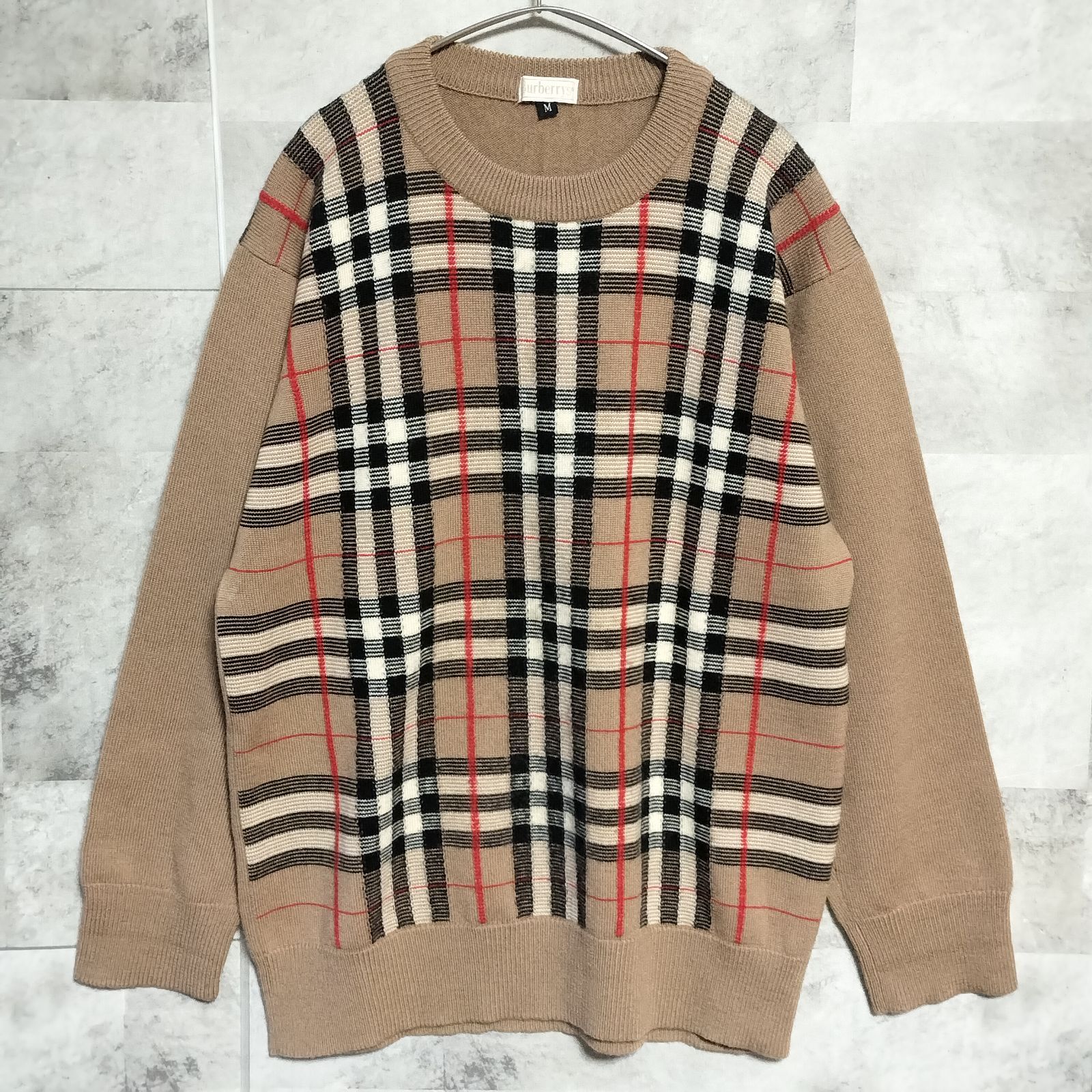 美品 バーバリー ノバチェック ウールニット セーター ベージュ 大きめ XL 大人気】Burberrys バーバリーズ ノバチェック クルーネック ウール