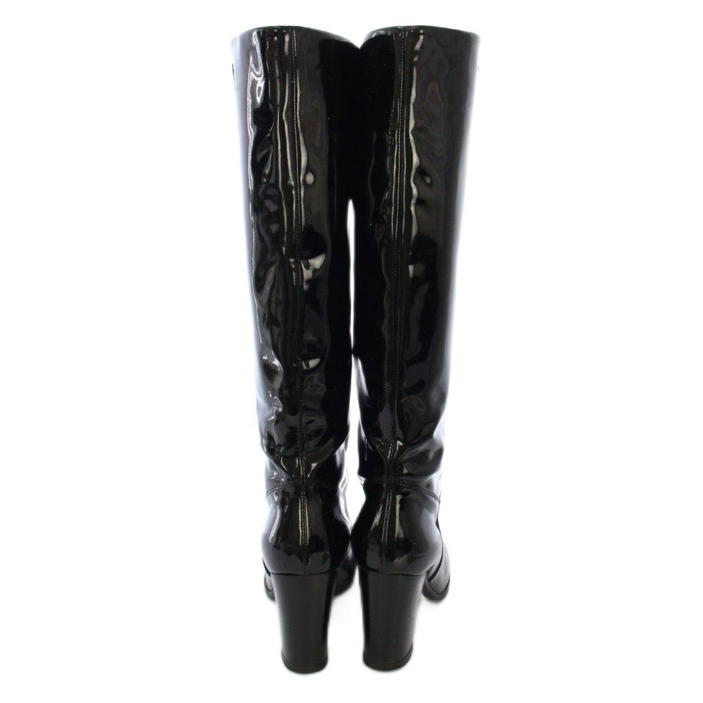 シャネル パテント エナメル  ロングブーツ CCロゴ  ブラック ３７C シャネル CHANEL ロングブーツ ハラコ エナメル ラウンドトゥ サイド
