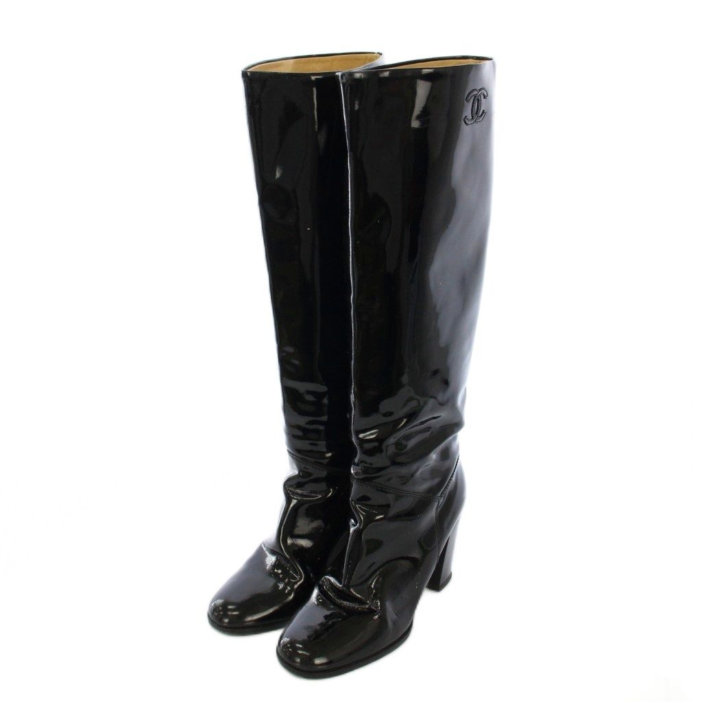 美品 CHANEL エナメル レザー ステッチ ラウンドトゥ ロングブーツ シャネル CHANEL ロングブーツ ラウンドトゥ チャンキーヒール