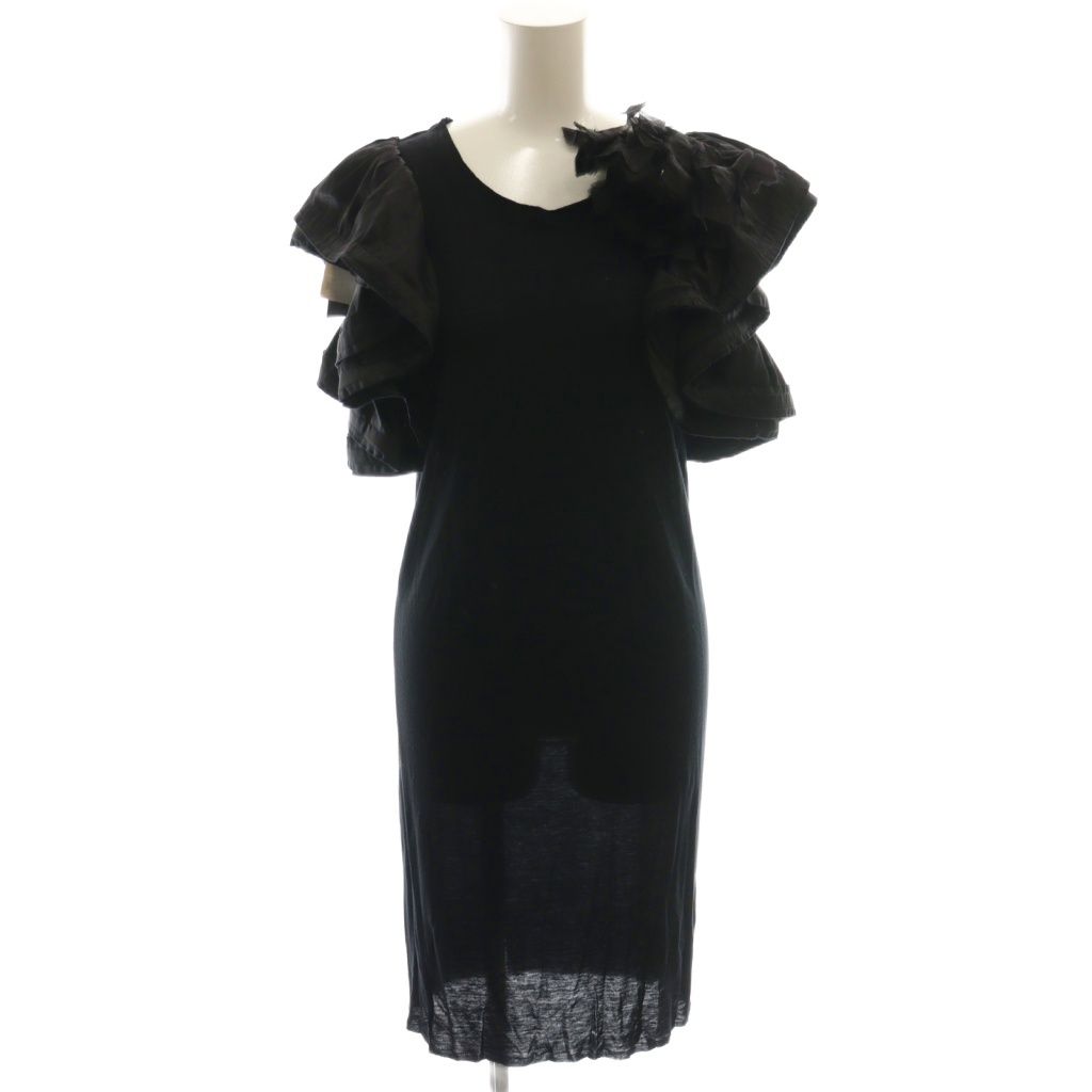 ランバン LANVIN 袖フリルワンピース タイト シルク混 XS ブラック CX GY 57