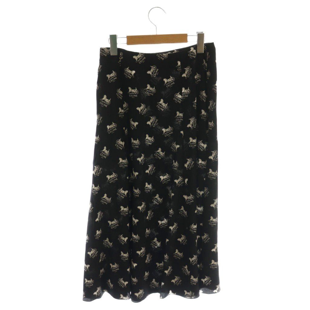セリーヌ CELINE サルキー ロゴ総柄 スカート フ 絹 シルク 36 黒 ブラック 白 ホワイト CX GY 57