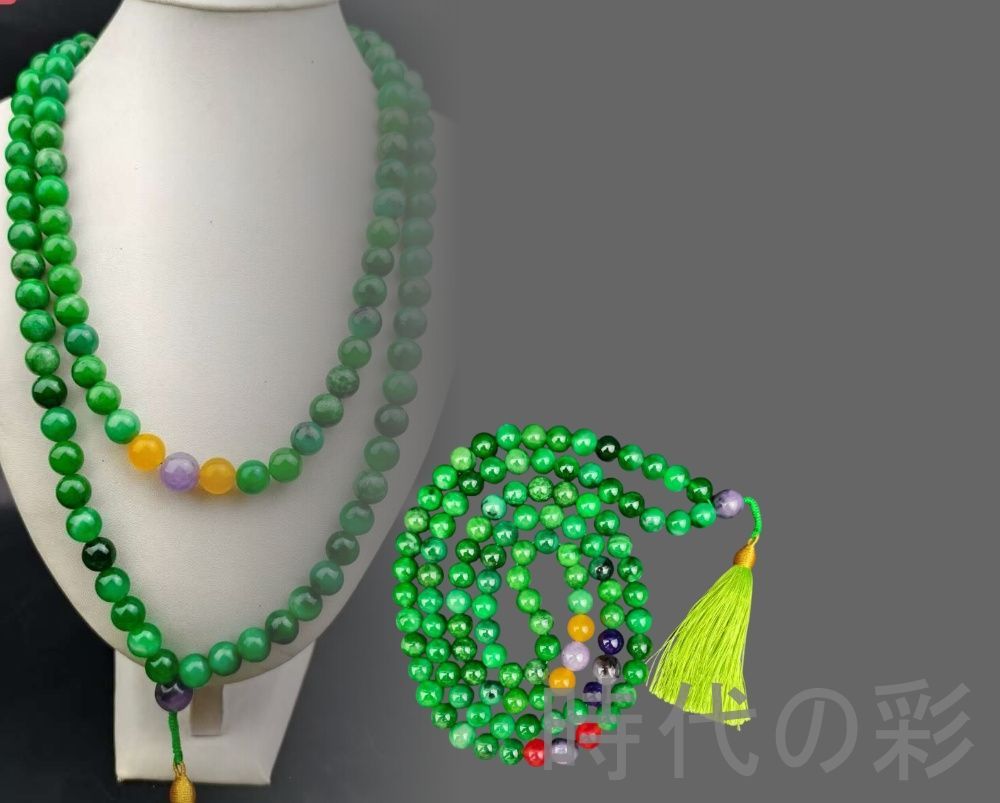 古玉老翡翠 12 mm 108珠 佛珠念珠 中国古美術 ネックレス 古代ミャンマー 豆緑色翡翠 円珠手工制作 裝身具 裝飾品 老玉古董 仏教法具 念珠ネックレス