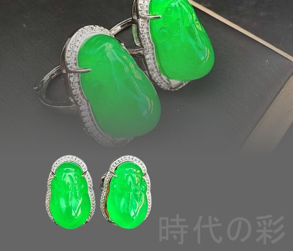 冰種満緑翡翠 貔貅指輪ペア 中国古美術 老翡翠 貔貅彫刻 指輪一対 天然翡翠 風水 開運 招財 吉祥物 古美術 装飾品 收蔵佳品
