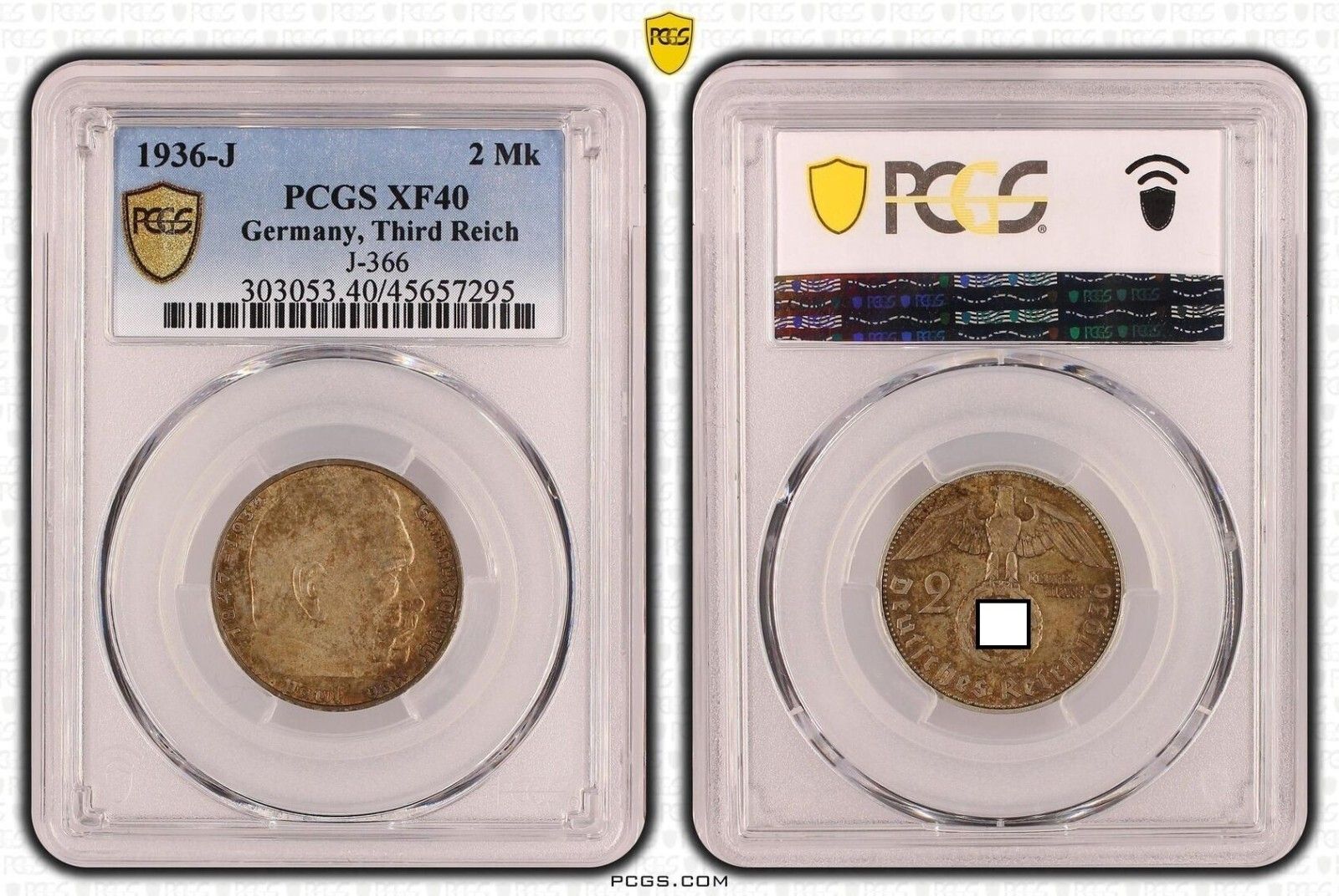 第三帝国 2 ライヒスマルク ヒンデンブルク 1936 J XF40 PCGS 認定