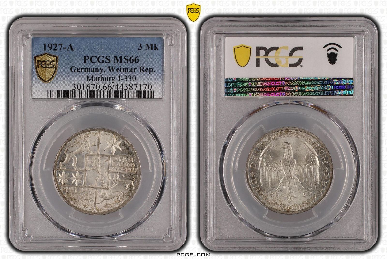 3 ライヒスマルク J.330 マールブルク大学 1927 A PCGS MS66 未使用