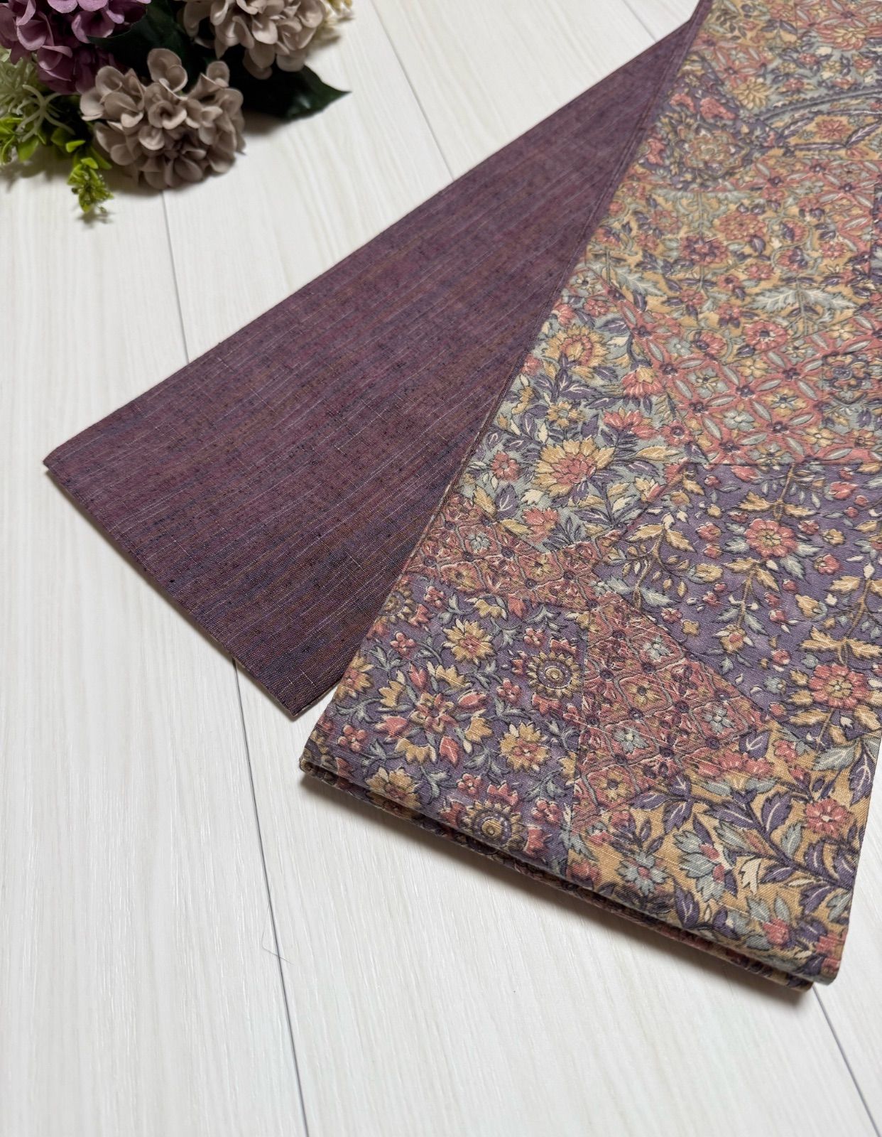 268号 半幅帯 本場結城紬 更紗 無地紬 紫 正絹 リバーシブル ︎同じ生地は2度と入荷しません 1点〜6点までの 商品です ︎