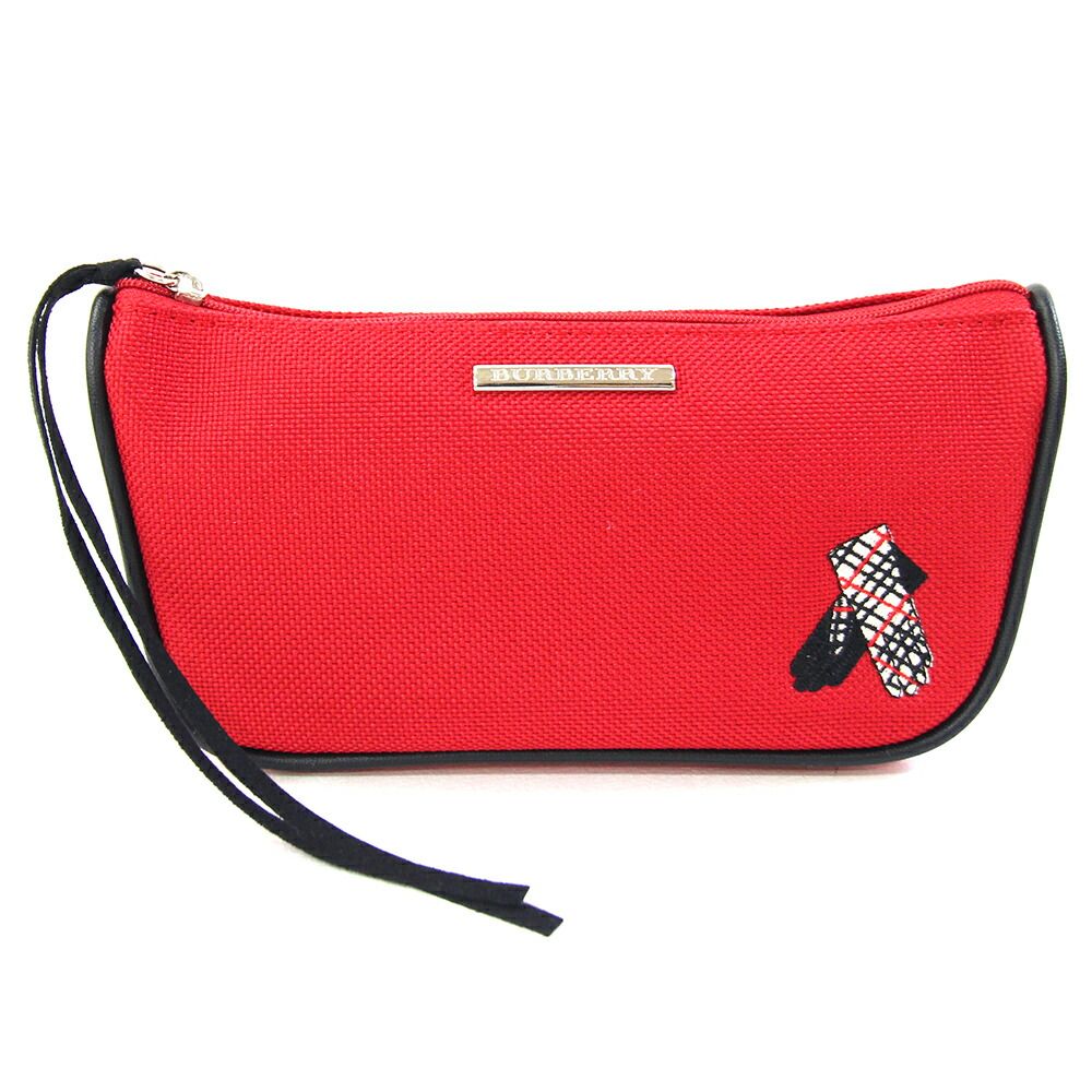 バーバリー ポーチ レッド ブラック キャンバス レザー