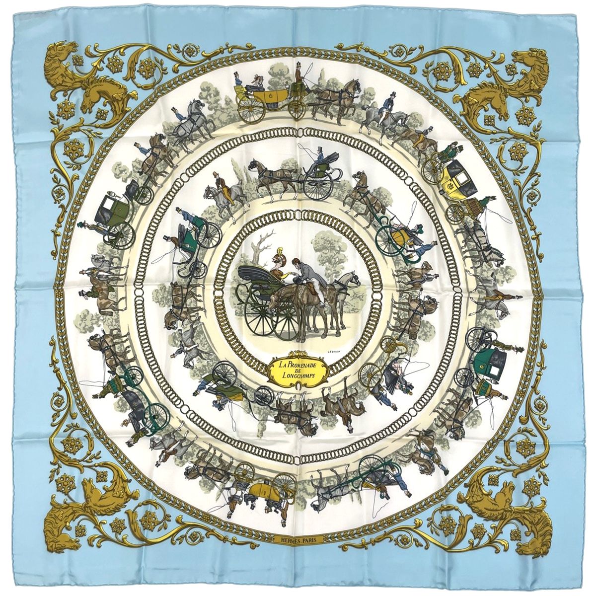 エルメス♡カレ90 ロンシャンへの散歩 馬車 総柄 エルメス HERMES カレ 90 LA PROMENADE DE LONGCHAMPS ロンシャンへの