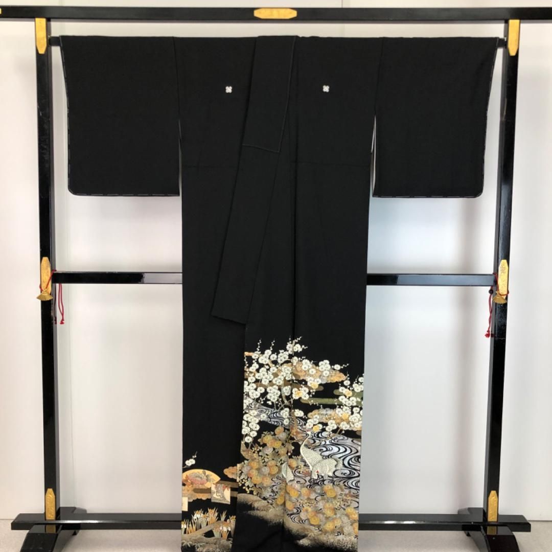 黒留袖 作家物 螺鈿 流水に鶴 梅 金銀彩 しつけ糸 トールサイズ K-5533