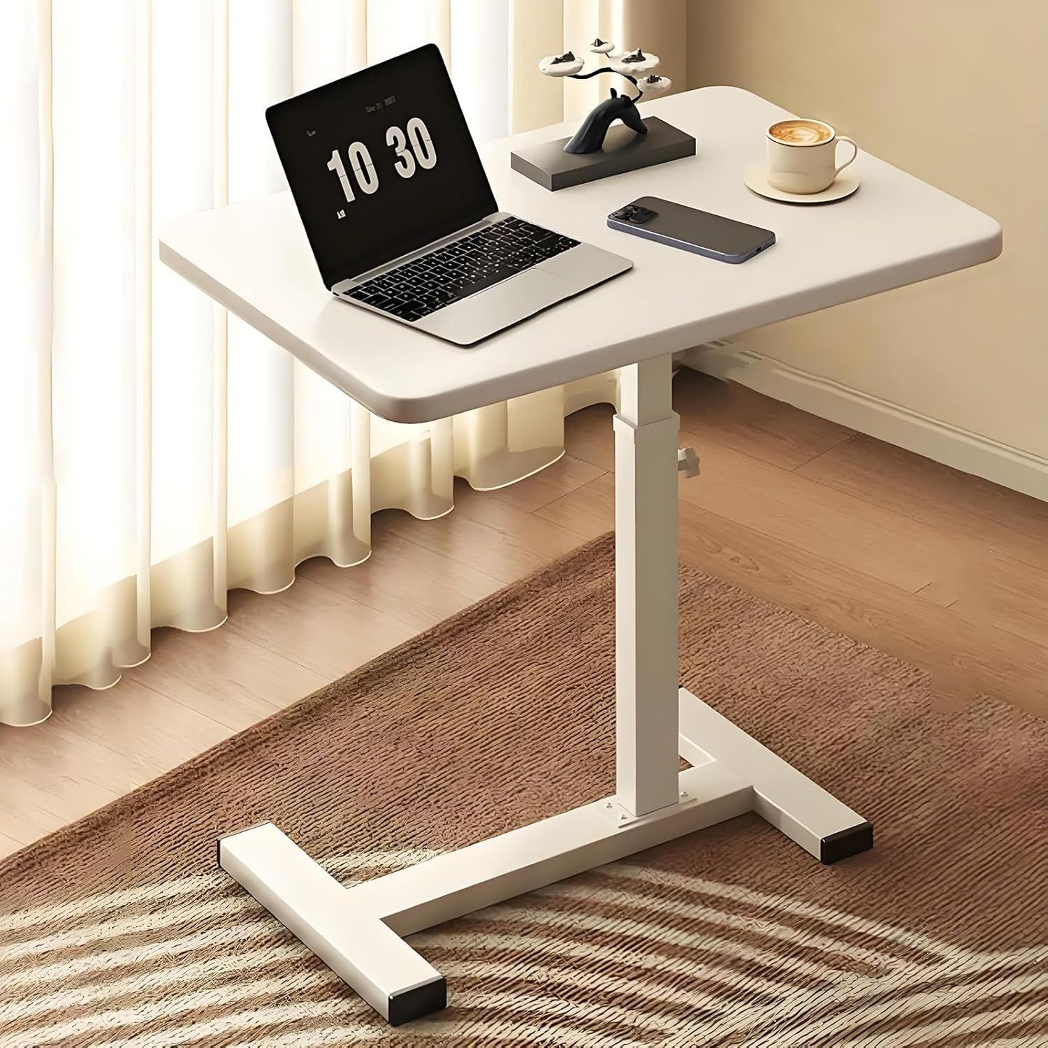 高さ調整 シック ウッド サイドテーブル キャスター付き メタルフレーム 高さ63 cm～103 cm 幅60 cm奥行40 60％OFF - リビングルーム ベッドルーム ソファにも最適 ホワイト スペース節約デザイン