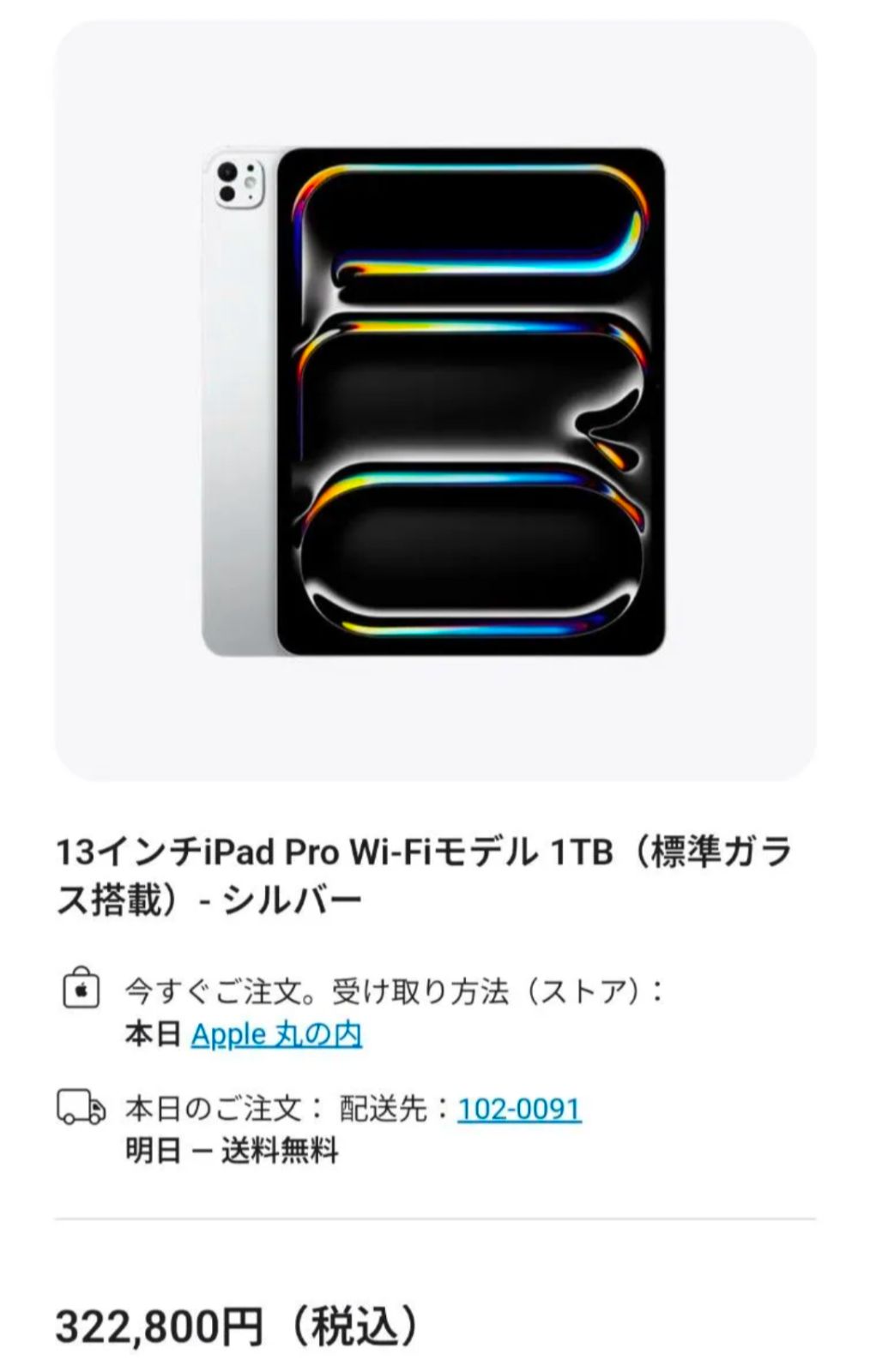 iPad Pro 13インチ Wi-Fi 1 TB 標準ガラス搭載 シルバー モデル M 4チップ