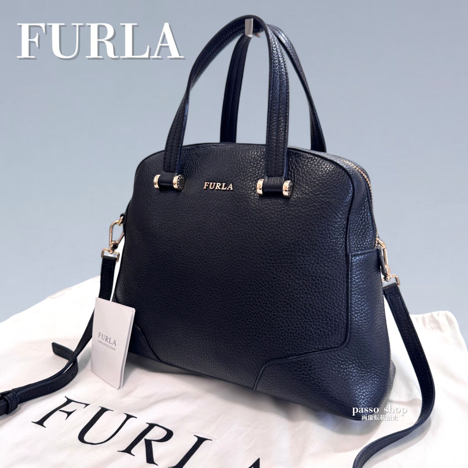 【極美品】FURLA leather ミニボストン 2way バッグ 黒 FURLA フルラ 2way ミニボストン ハンド&ショルダー 黒 オールレザー