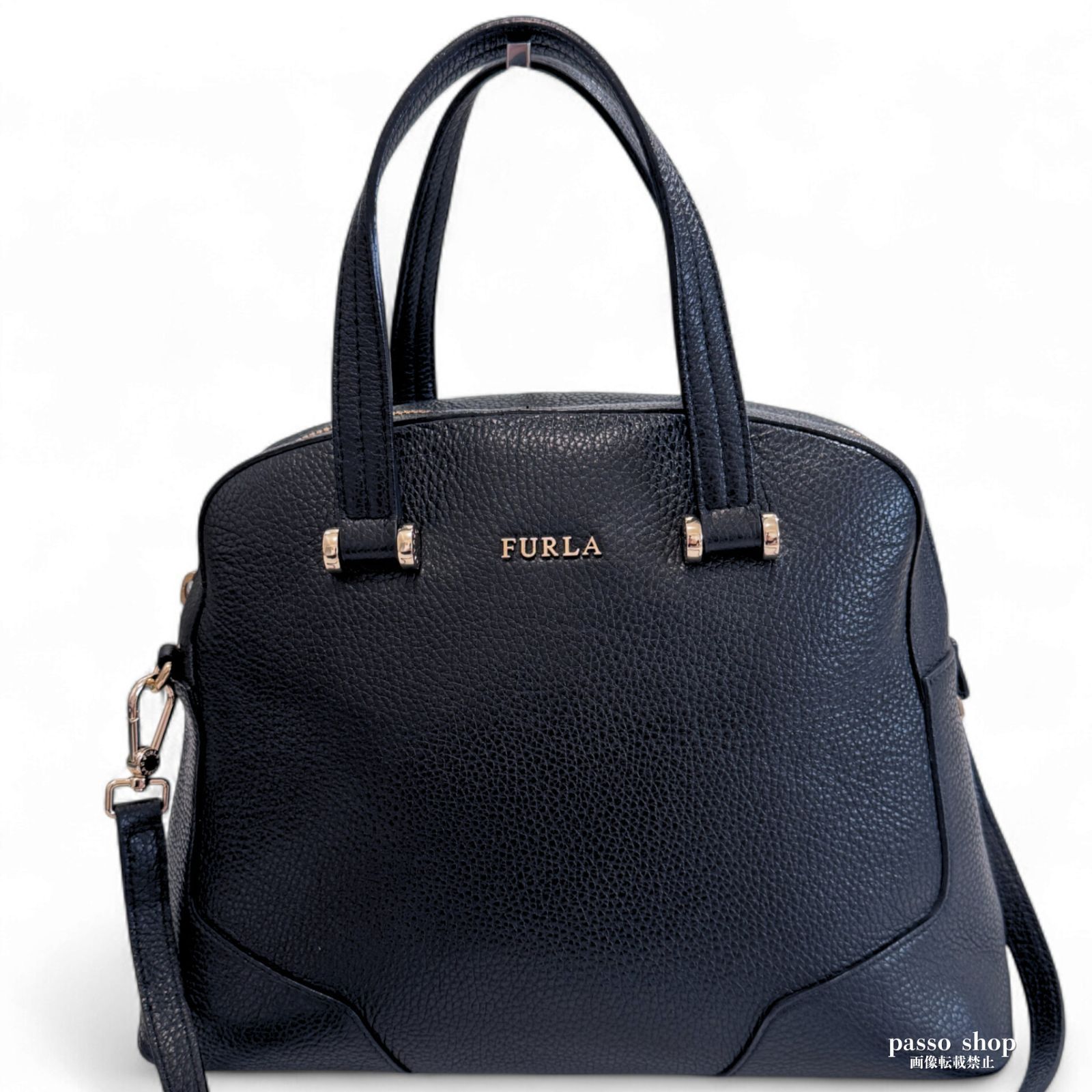 FURLA フルラ ボストンバッグ ショルダーバッグ 2way シボ革 黒 FURLA フルラ 2way ミニボストン ハンド&ショルダー 黒 オールレザー
