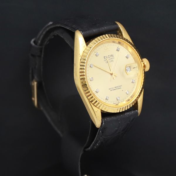 QZ 石付 エルジン デラックス FK284 ゴールド文字盤 デイト レディース