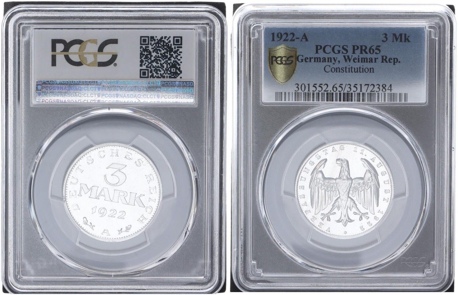 インフレ期 3マーク アルミニウム J 303 1922 A PCGS PR 65 プルーフ