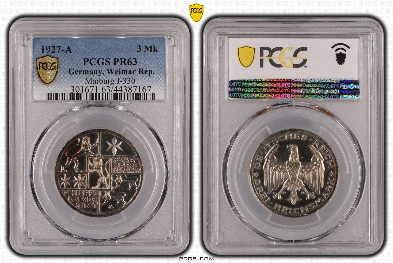 3 ライヒスマルク J 330 マールブルク大学 1927 A PCGS PR 63 プルーフ