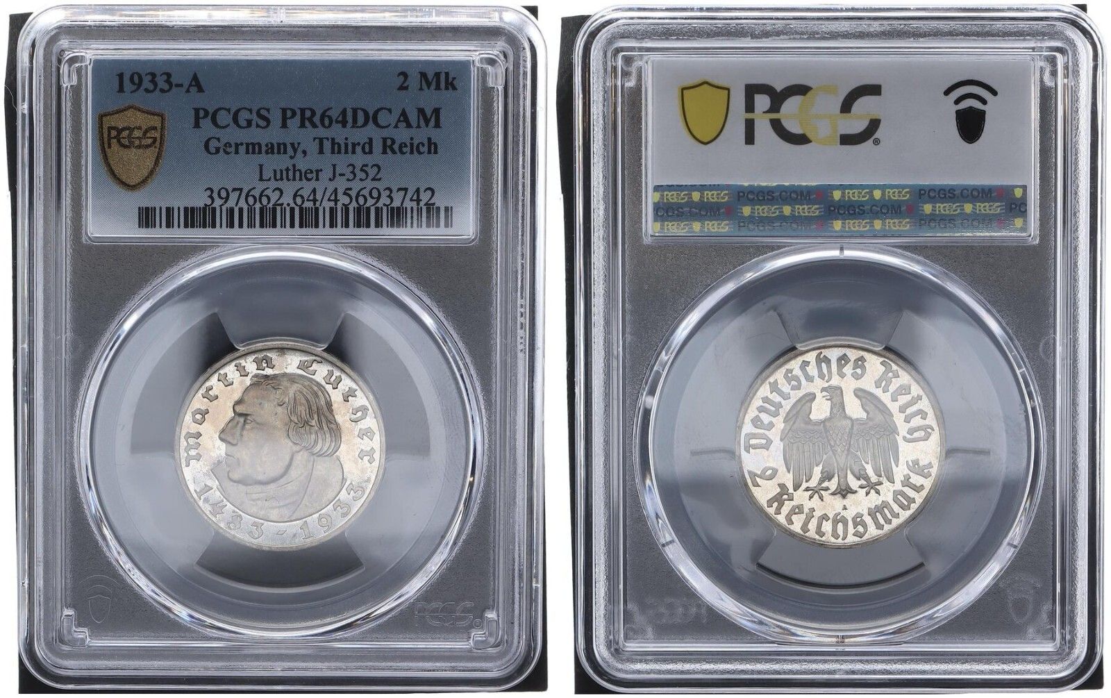 3 ライヒ 2 ライヒスマルク マルティン ルーサー 1933 A PCGS プルーフ