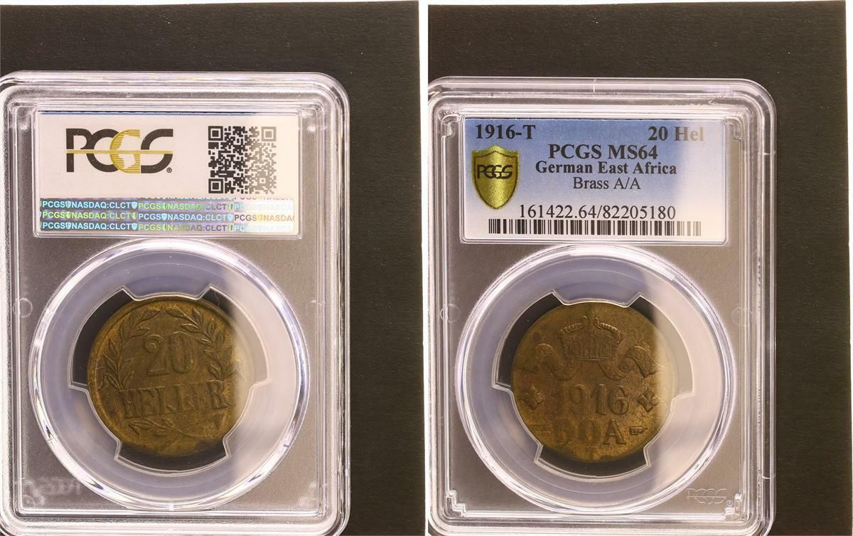 ドイツ東アフリカ 20 ヘラー J.724 b 真鍮 ミント シンストライク 9.8