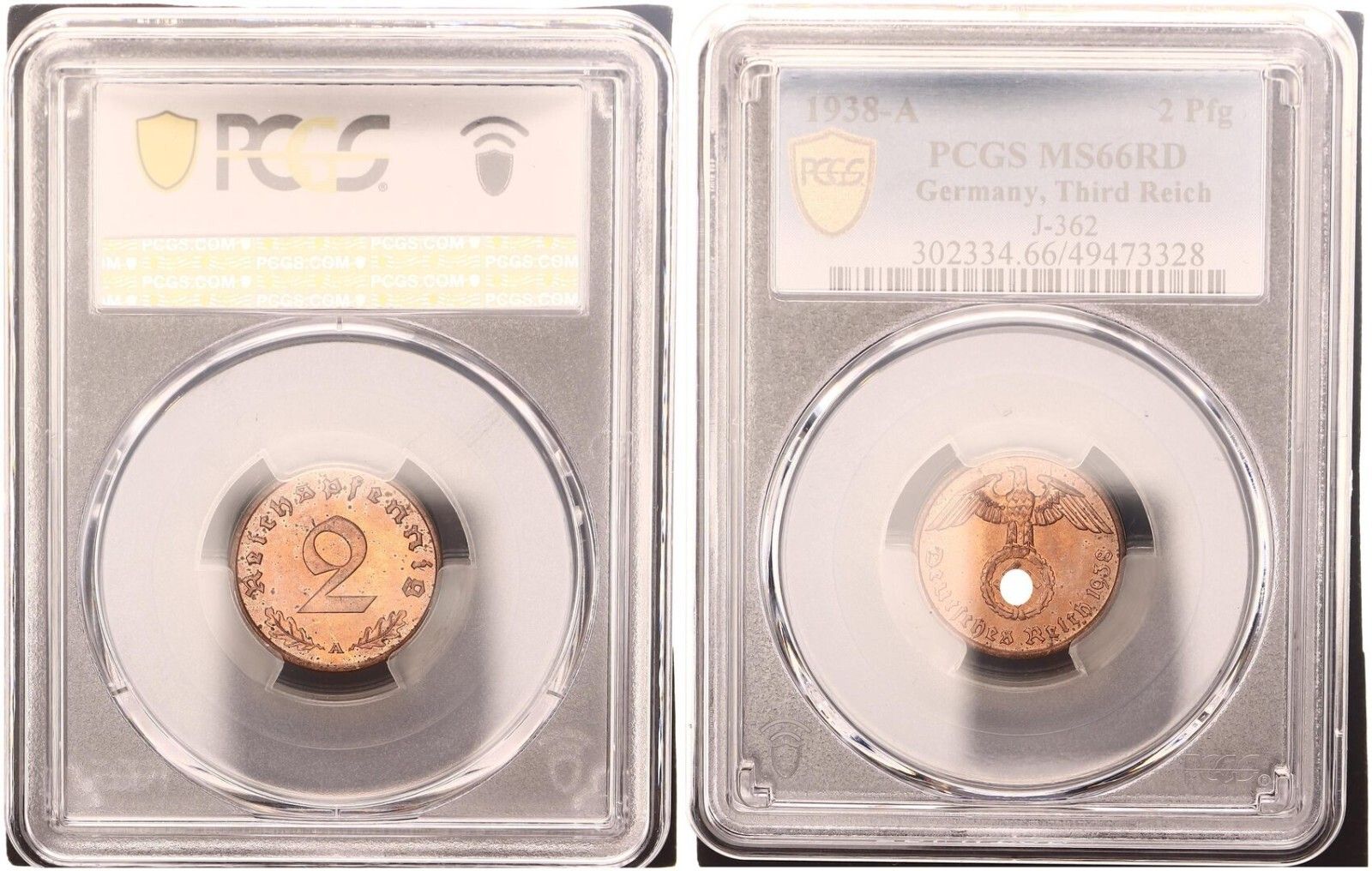 第三帝国 2 フェニヒ 1938 A J 362 MS 66 RD