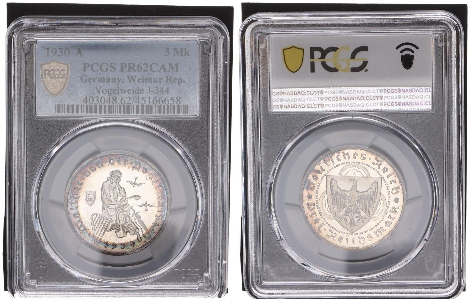 3 ライヒスマルク ワイマール ヴァルター フォン デア フォーゲルヴァイデ 1930 A PCGS PR 62 CAM