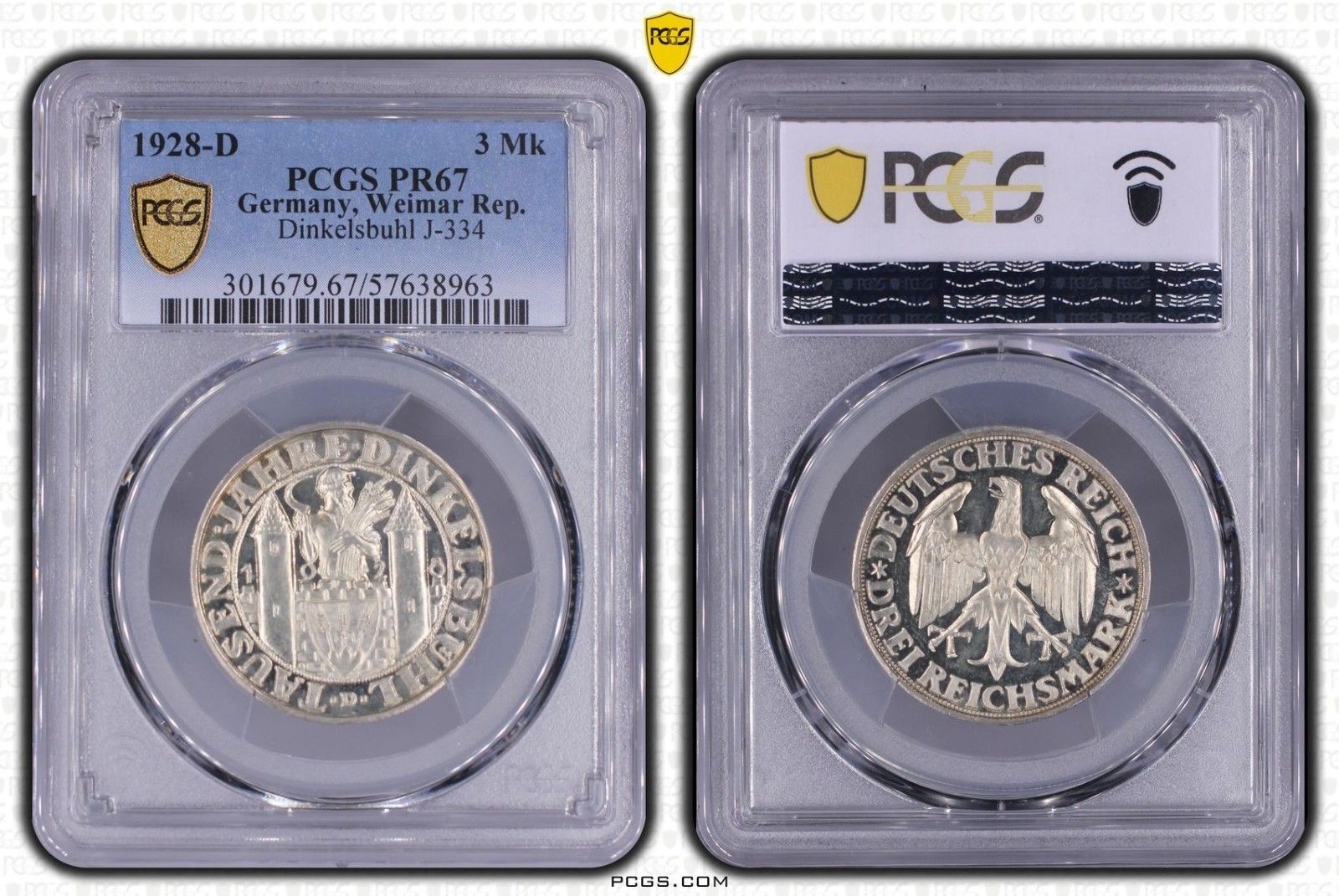 ワイマール共和国 3マーク銀貨 1928-D ディンケルスビュール PCGS PR67