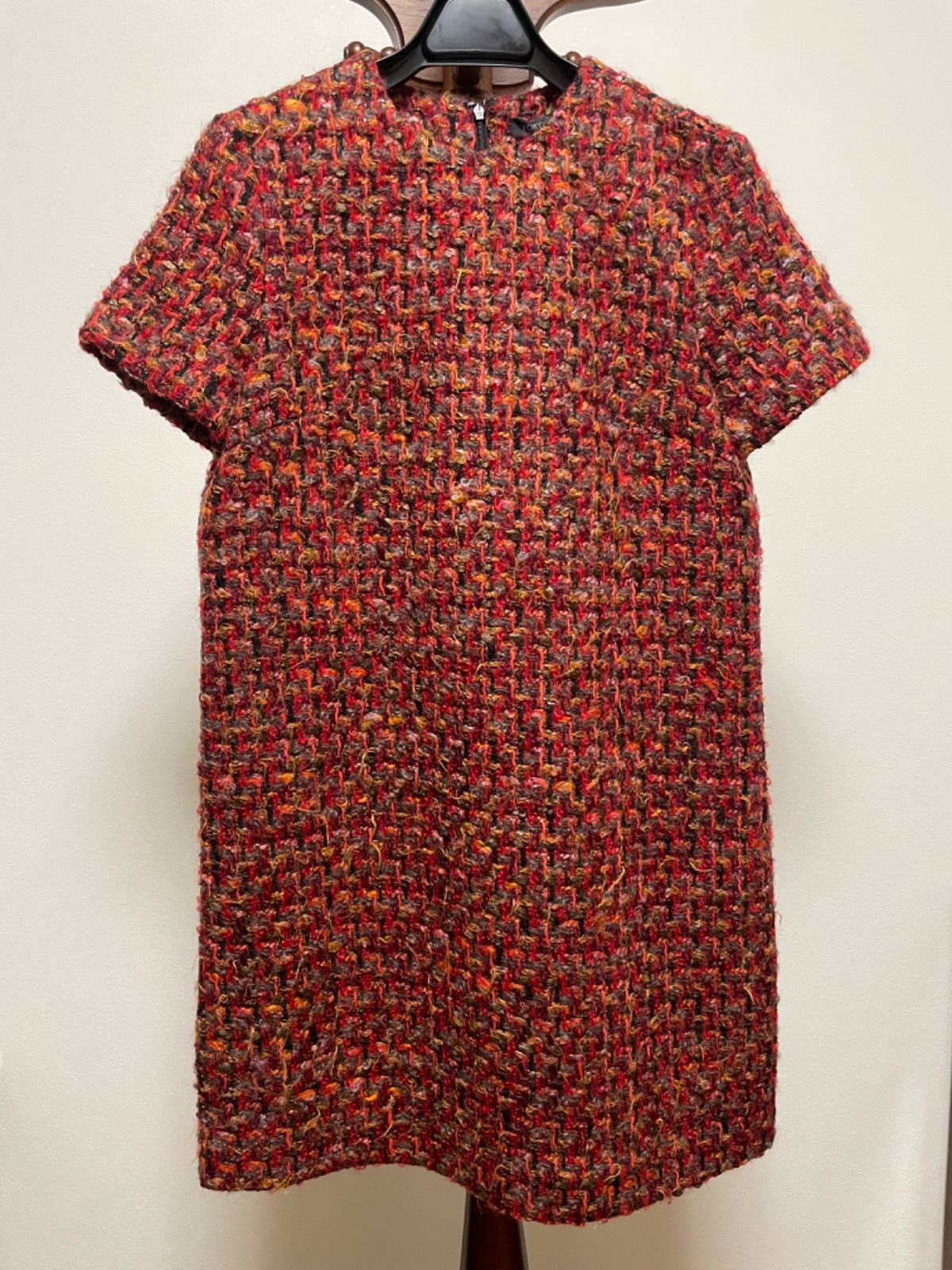 YOKO CHAN ヨーコチャン 赤系ツイード半袖ミニワンピース 38
