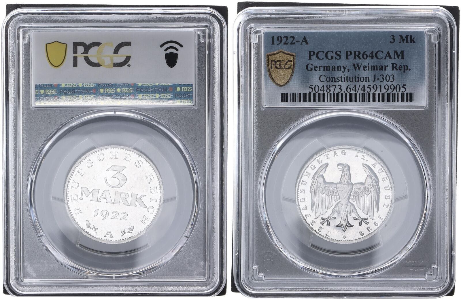 インフレーションタイム 3マーク アルミニウム J 303 1922 A PCGS PR 64 CAM プルーフ