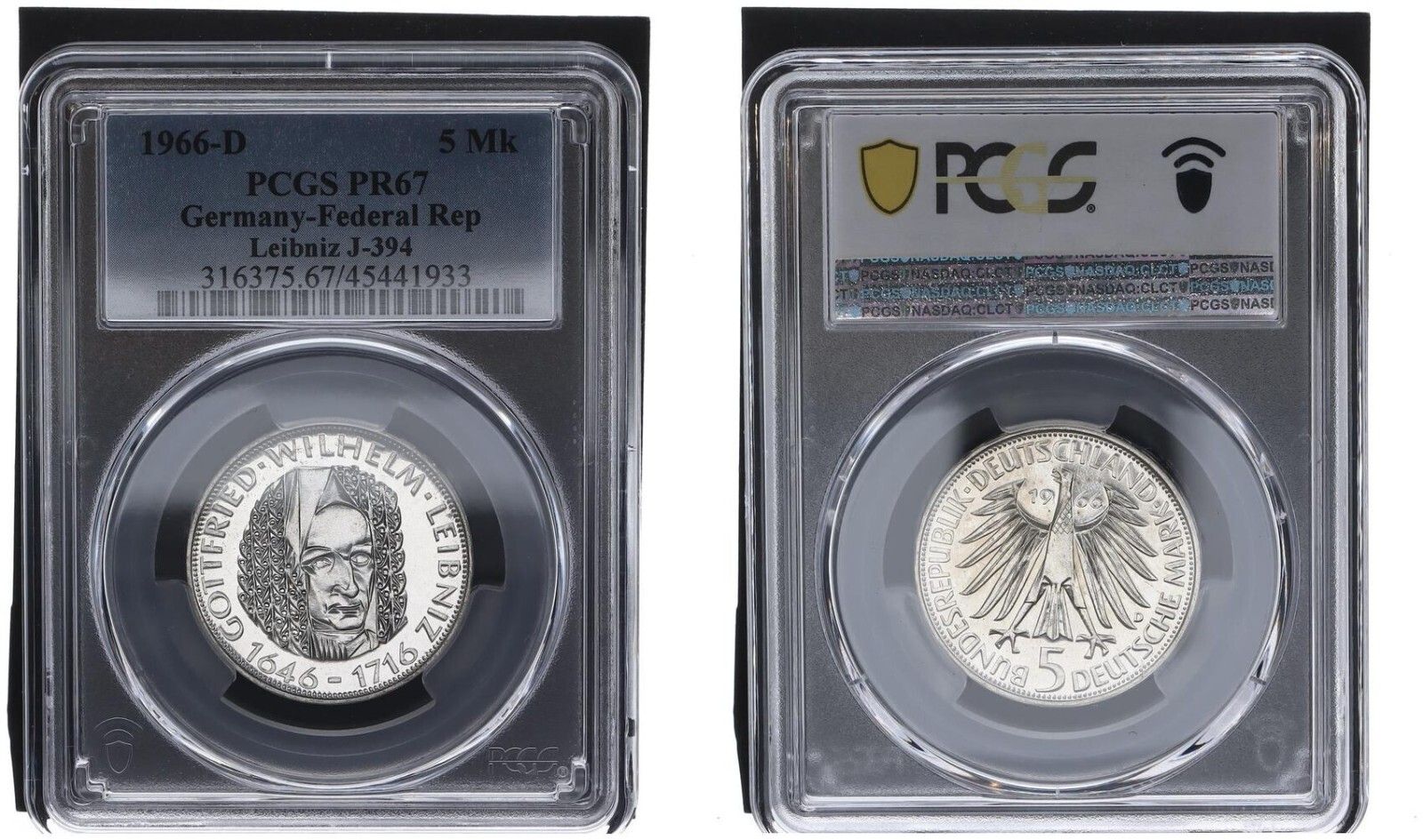 1966年 5マルク D ライプニッツ記念コイン PCGS認定プルーフ PR67