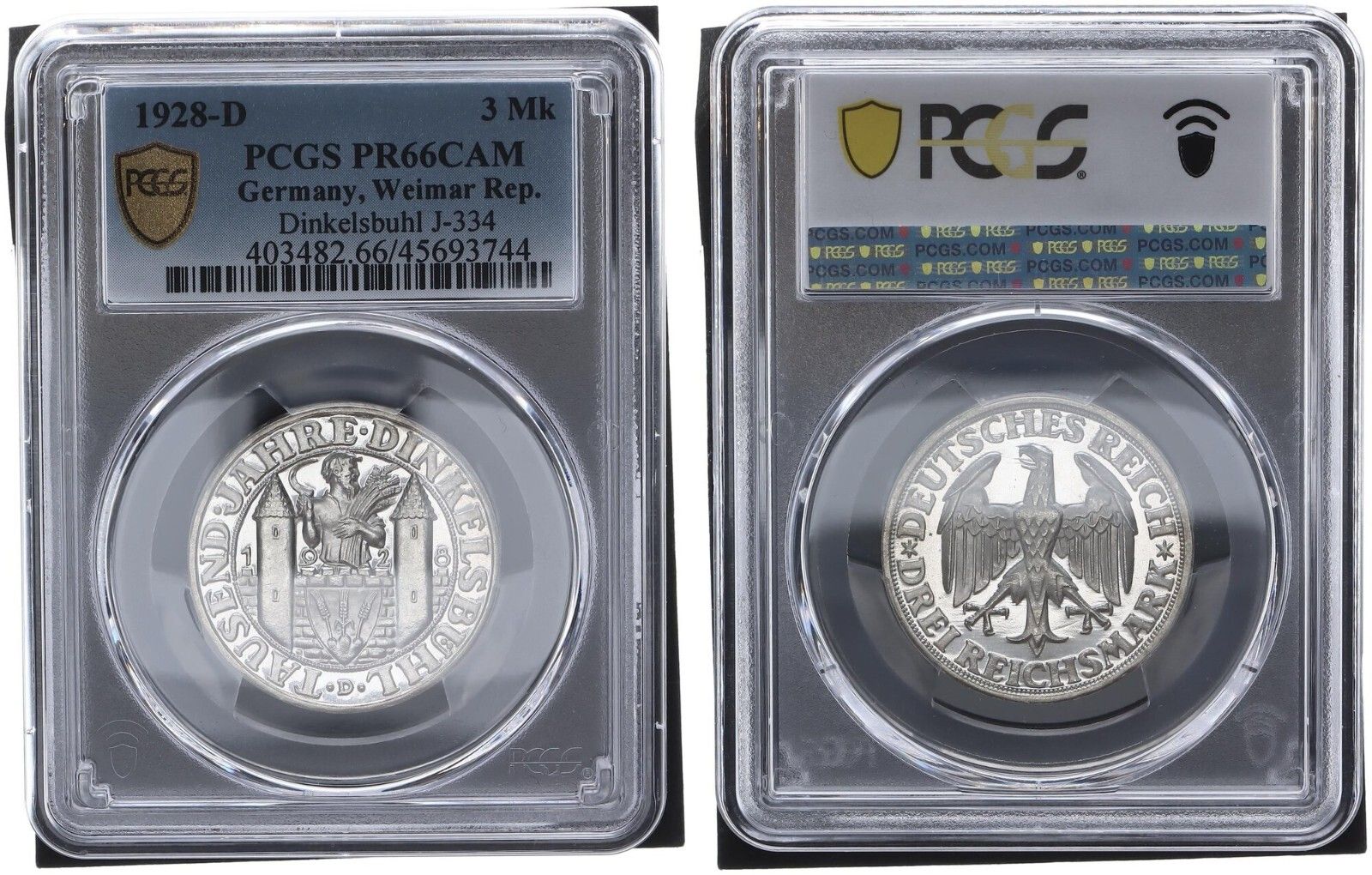 ワイマール 3 マルク J 334 1000年 ディンケルスビュール 1928 D PCGS PR 66 CAM
