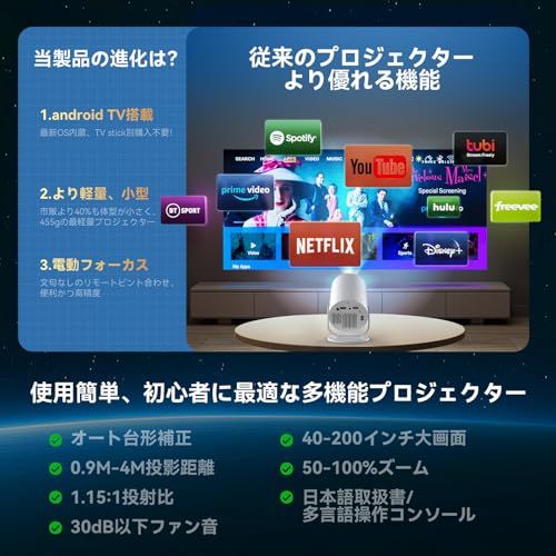 2025 プロジェクター 家庭用 Android TV搭載 超小型 270°回転 4 K対応 Native 1080 P 電動フォーカス 真の25000 LM 高輝き度 静音 自動台形補正 天井投影 200インチ大画面 設置簡単 Blue 44 d 0 fd 8 f