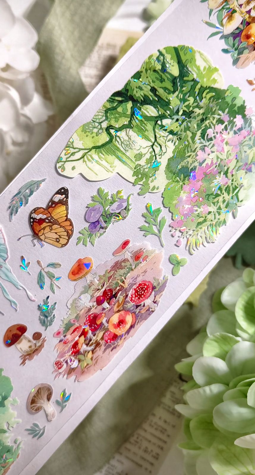 9023】海外 マステ 3/5/10m巻 貝殻光マスキングテープ 森林 キノコ