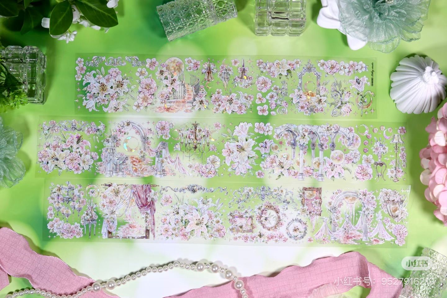 9029】海外 マステ 5/巻 PET 貝殻光マスキングテープ ピンク お花 装飾