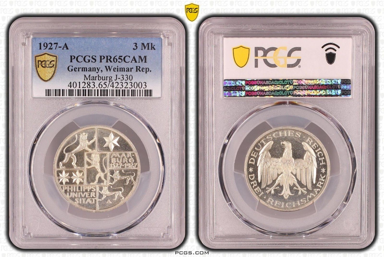 3 ライヒスマルク マールブルク 1927 A PCGS認定 PCGS PR65CAM PP