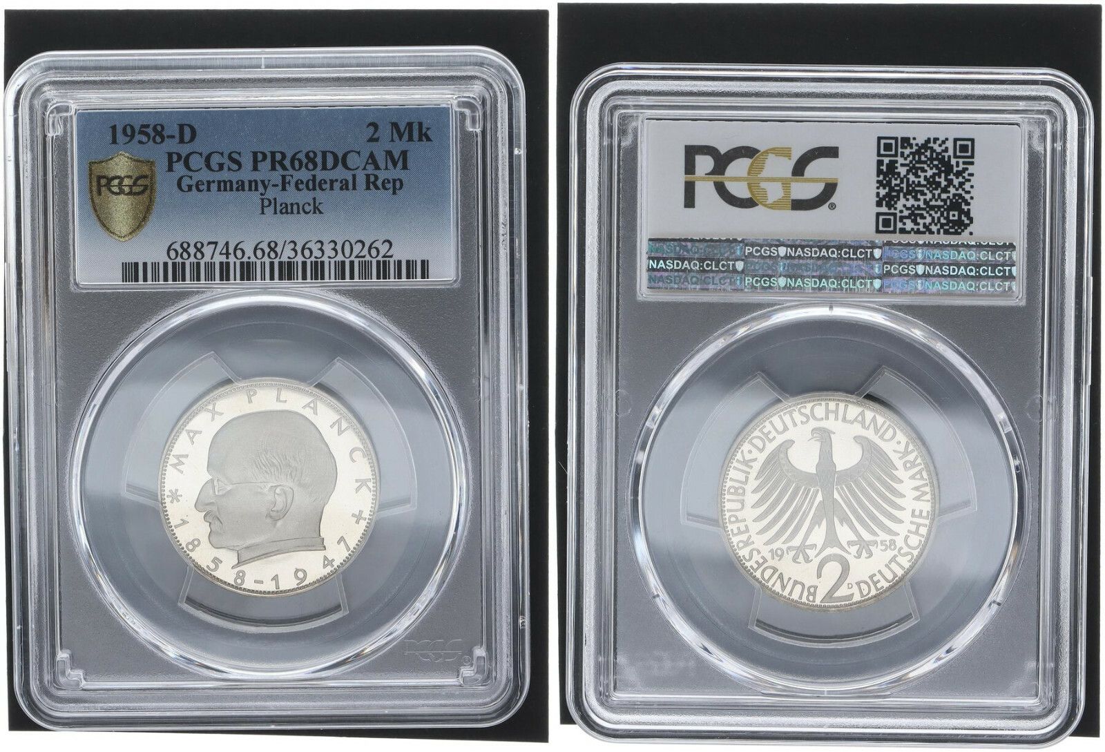 2 DM J 392 コイン マックス プランク 1958 D PCGS認定プルーフ