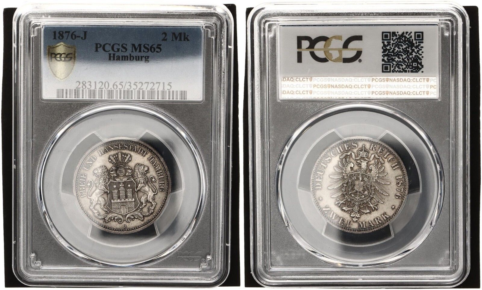 ハンザ都市ハンブルク 2マーク 1876 J スモールイーグル - PCGS MS 65