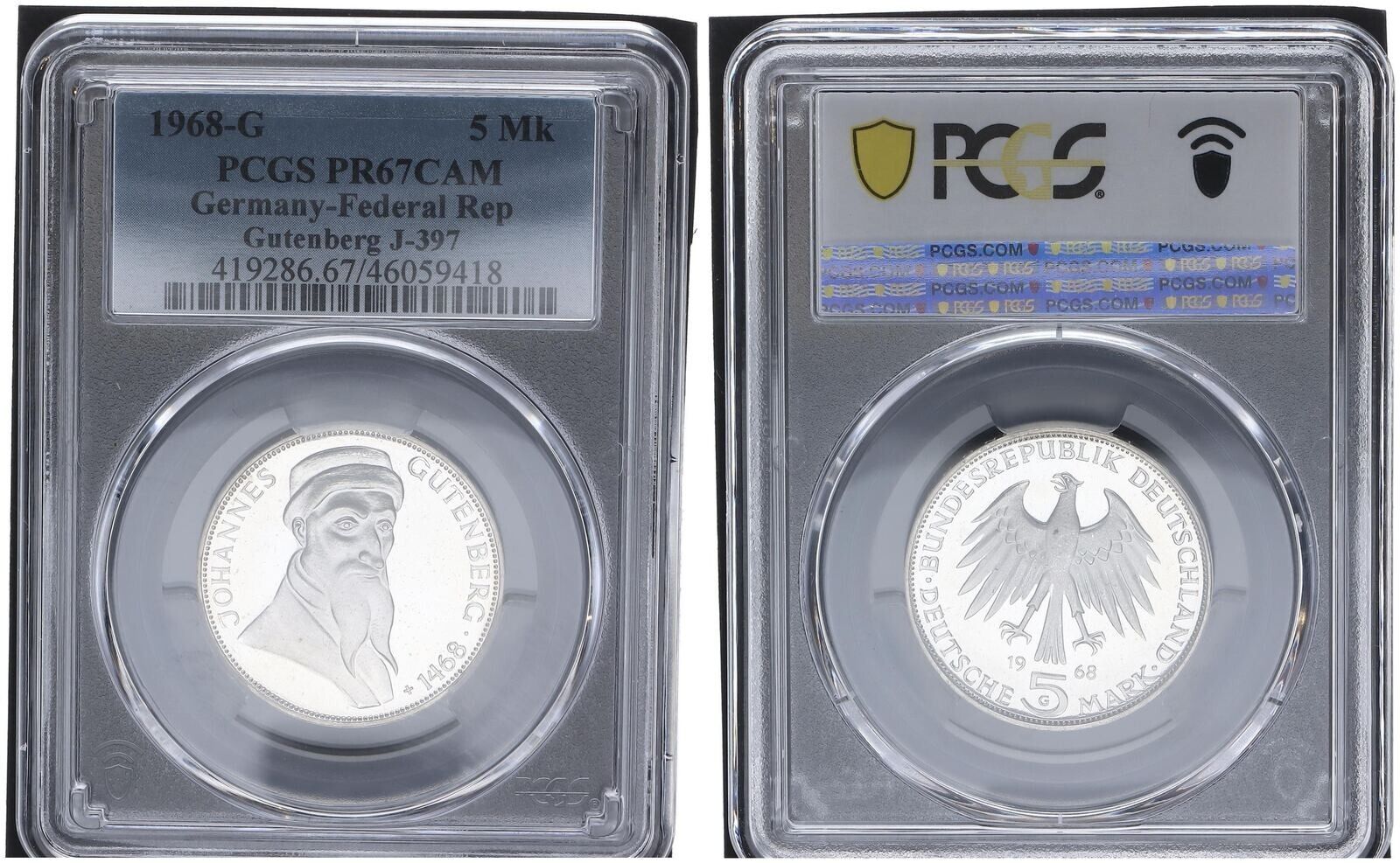 1968年 5マーク G グーテンベルク記念コイン PCGS認定プルーフ PR67CAM