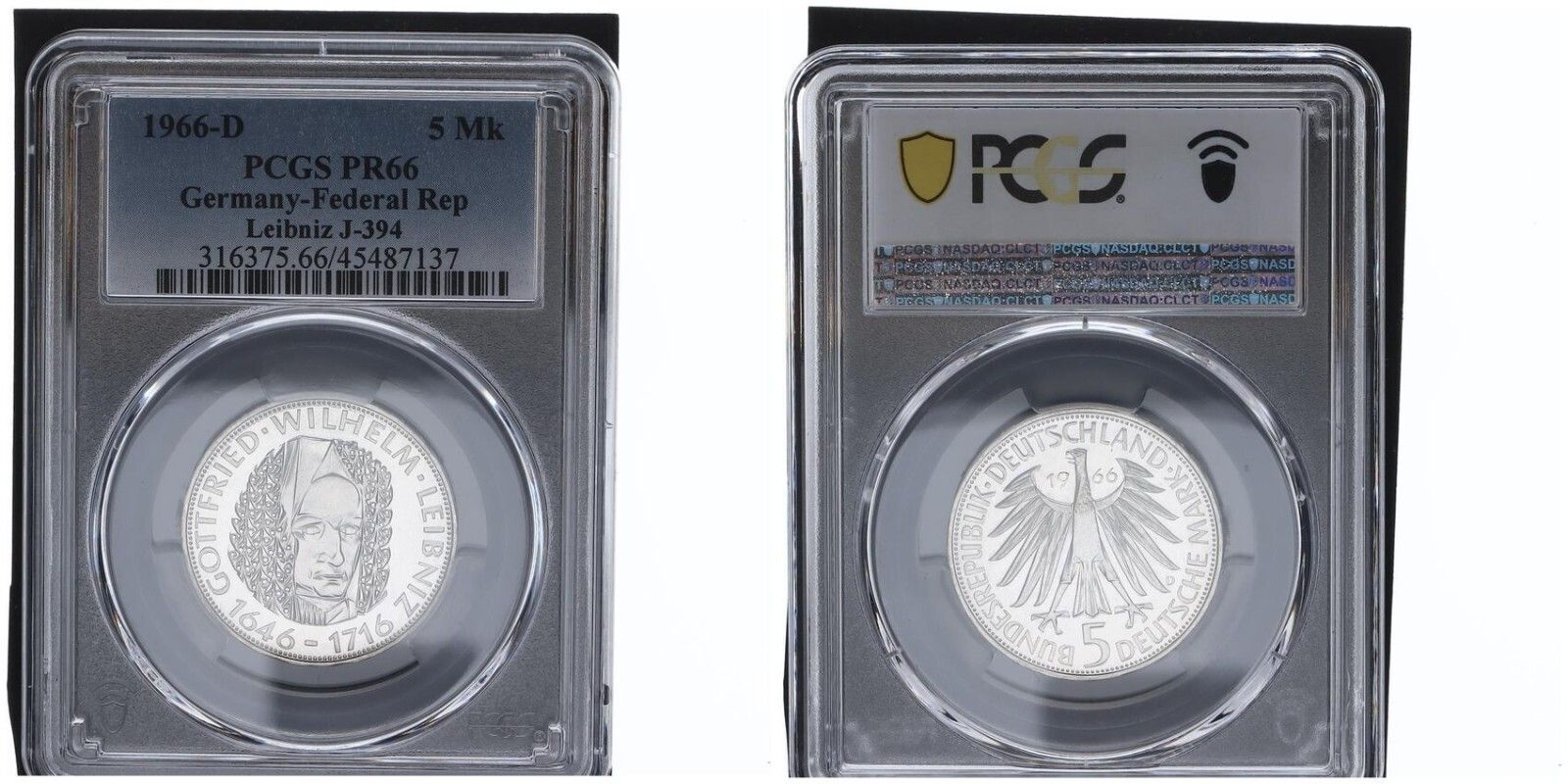 1966年 5マルク D ライプニッツ記念コイン PCGS認定プルーフ PR 66
