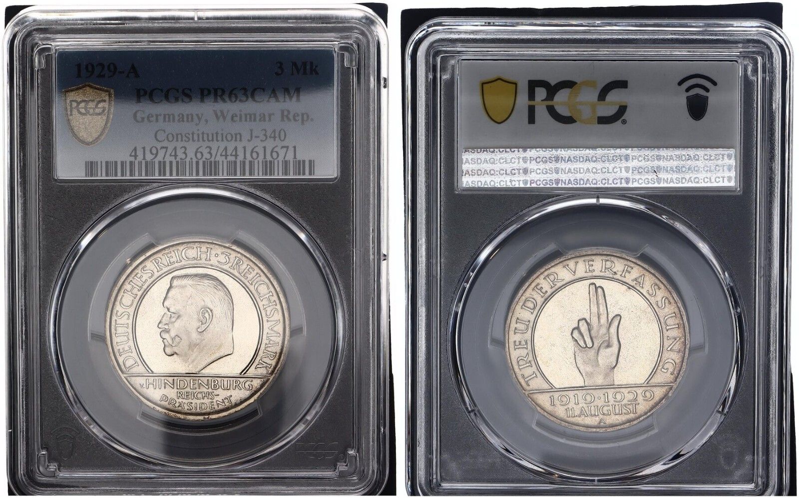3 マーク 1929 A ヒンデンブルク シュブルハント J 340 PR 63 CAM プルーフ