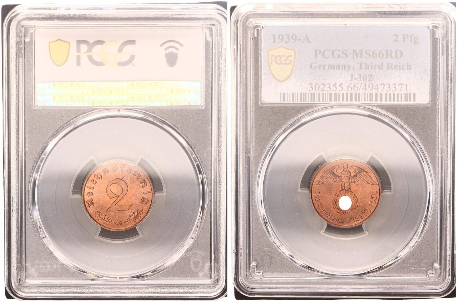 第三帝国 2 フェニヒ 1939 A J 362 MS 66 RD