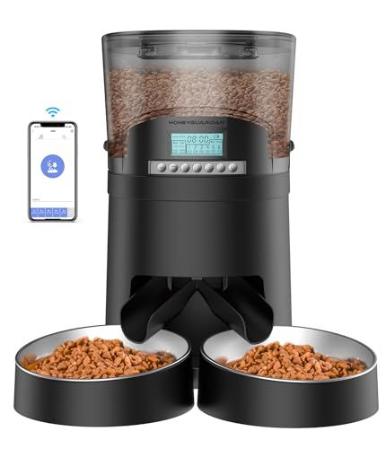 HoneyGuaridan 猫 自動給餌器 2匹 定時定量 1日6食 10秒録音 自動えさやり器 中小型犬用 タイマー式 スマホ遠隔操作 2 WAY給電 のステンレス製トレイ付き 給餌器 自動 アプリ制御 Android IOS対応 4 5 L大容