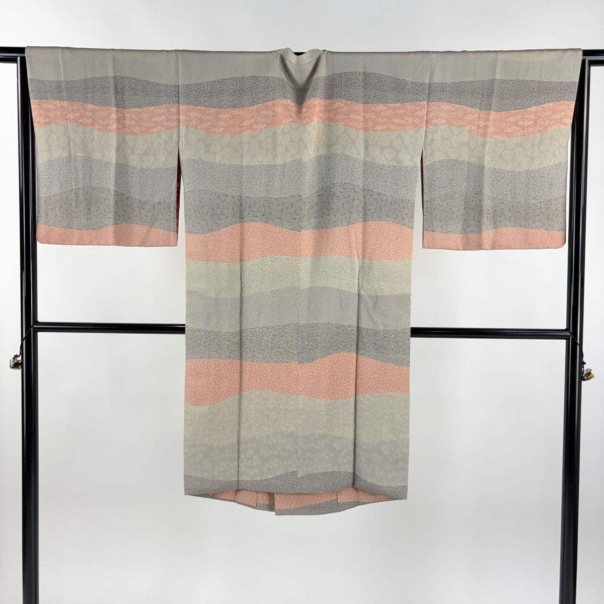 道行 身丈106 5 cm 裄丈66 M 和装コート 角衿 寺山存男 落款 江戸小紋柄 笹 灰緑 正絹