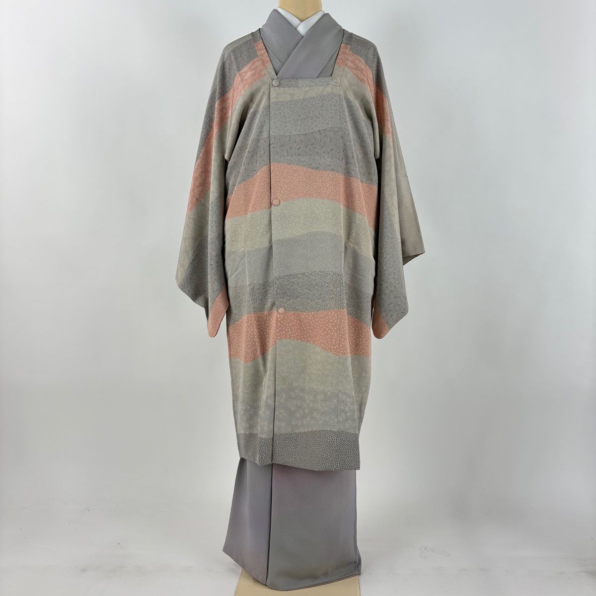 道行 身丈106 5 cm 裄丈66 M 和装コート 角衿 寺山存男 落款 江戸小紋柄 笹 灰緑 正絹